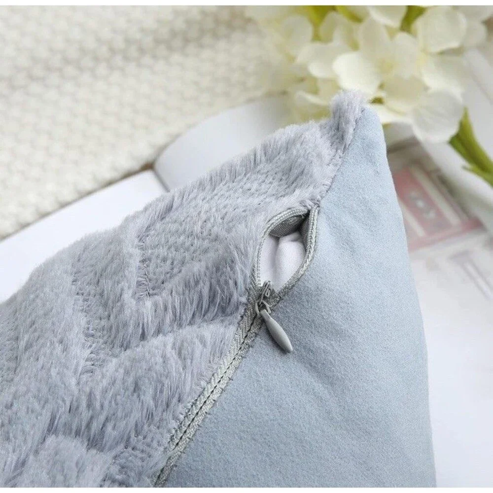 Pillow Covers 18X18in Set Of 2 Soft Plush Faux Fur Textured Blue Gray Farmhouse